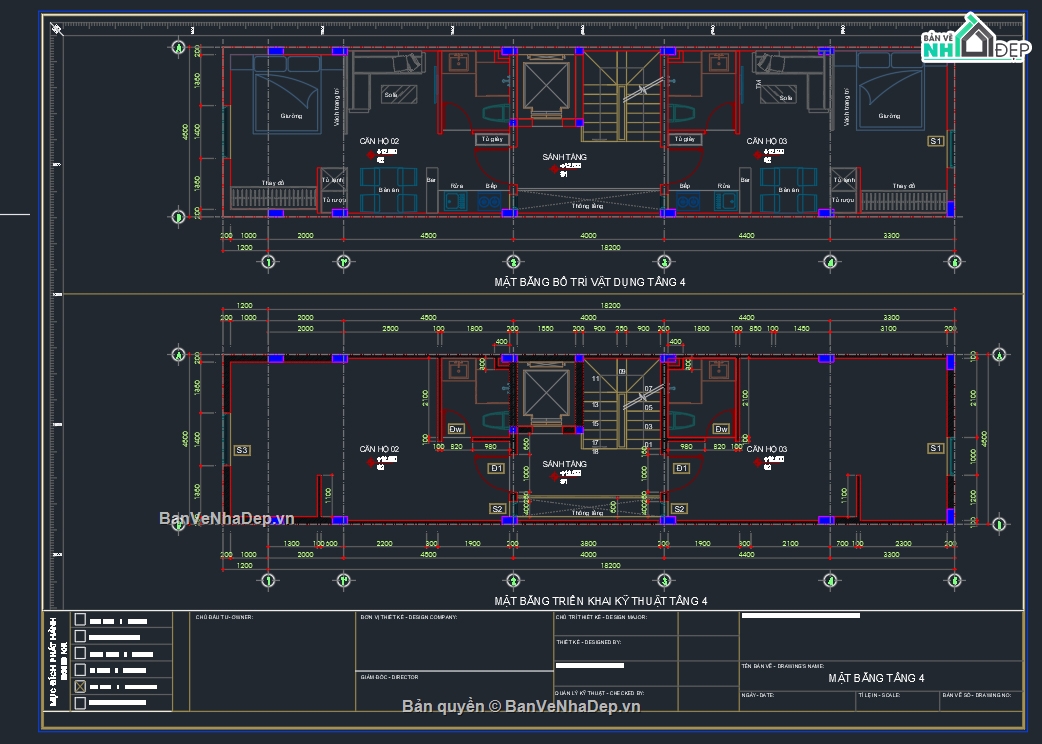 Nhà phố 4 tầng,Bản vẽ thi công,căn hộ
