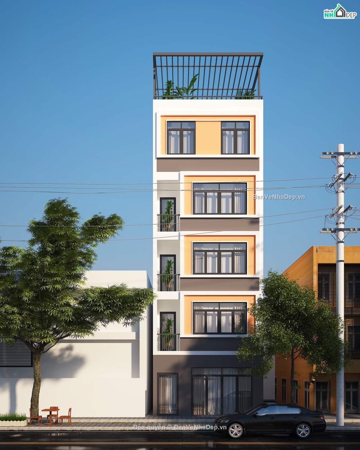 bản vẽ nhà 5 tầng,kiến trúc 5 tầng,hiện đại
