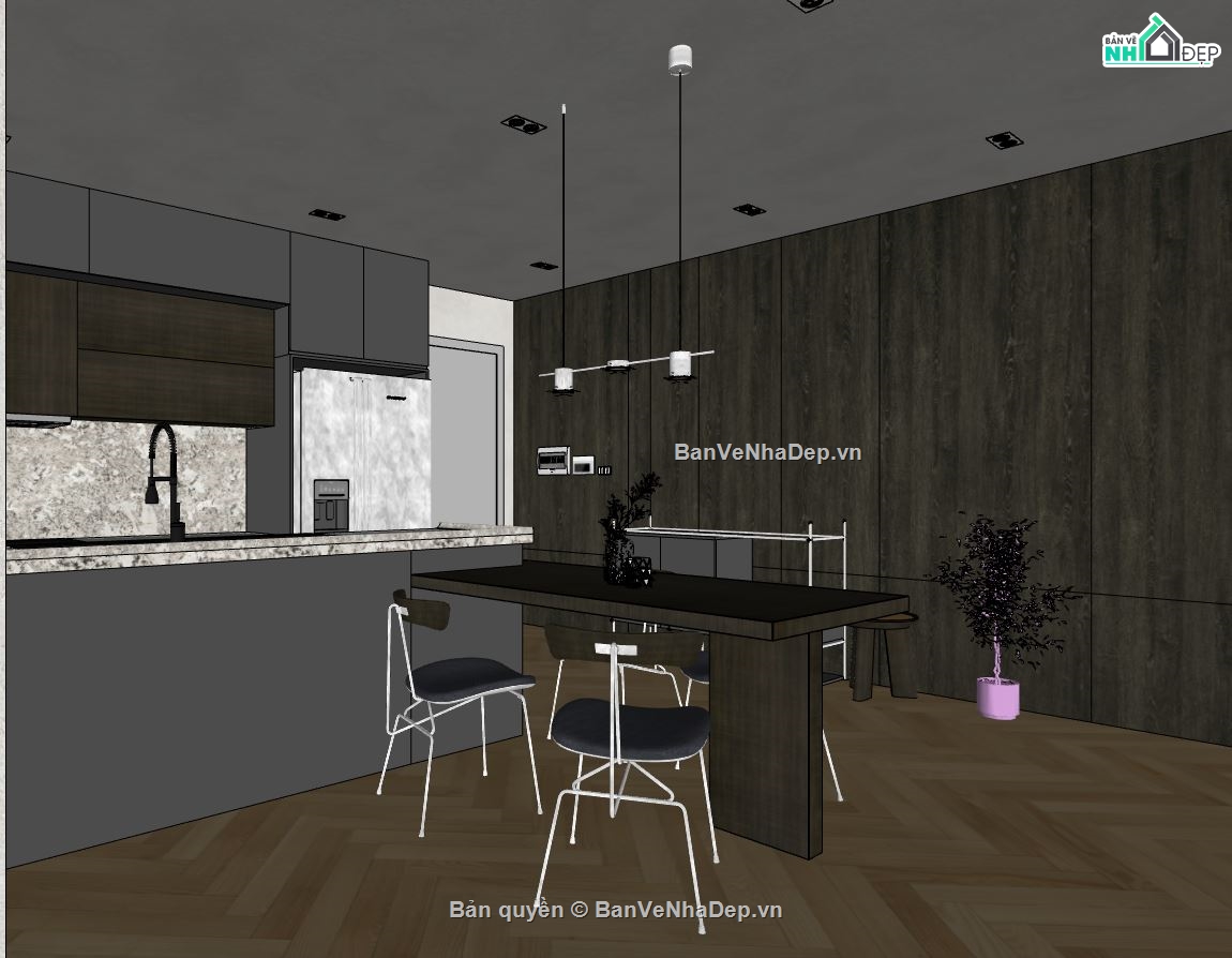 sketchup nội thất bếp,file sketchup nội thất khách bếp,model su nội thất khách bếp,file su khách bếp