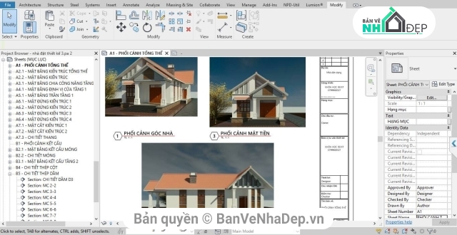 Revit mái thái 1 tầng,thiết kế biệt thự 1 tầng revit,full bản vẽ revit 7.5x17.5m,nhà 1 tầng 7.5x17.5m,mẫu revit biệt thự 1 tầng