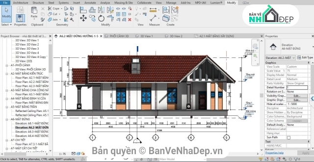 Revit mái thái 1 tầng,thiết kế biệt thự 1 tầng revit,full bản vẽ revit 7.5x17.5m,nhà 1 tầng 7.5x17.5m,mẫu revit biệt thự 1 tầng