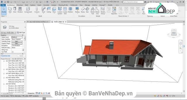 Revit mái thái 1 tầng,thiết kế biệt thự 1 tầng revit,full bản vẽ revit 7.5x17.5m,nhà 1 tầng 7.5x17.5m,mẫu revit biệt thự 1 tầng