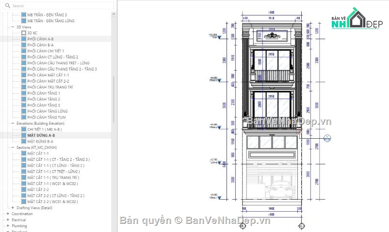 nhà phố 3 tầng revit,nhà phố 4 tầng revit,revit nhà phố 3 tầng