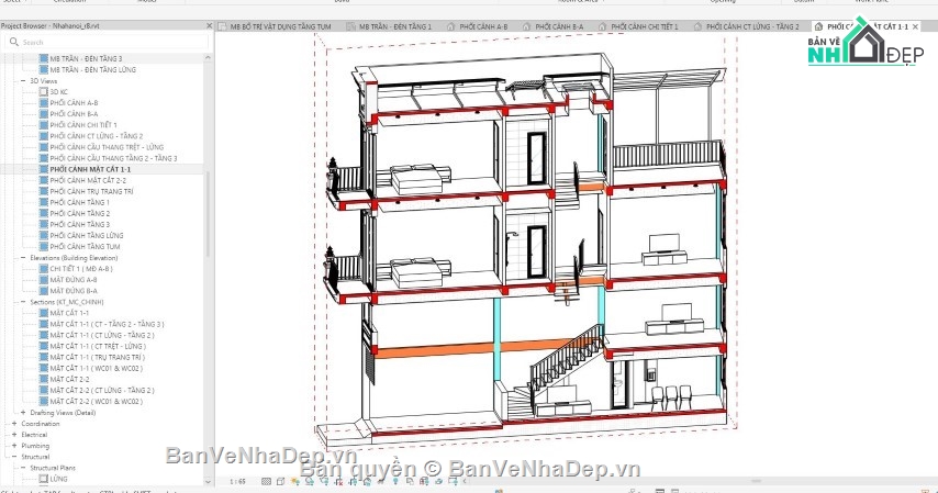 nhà phố 3 tầng revit,nhà phố 4 tầng revit,revit nhà phố 3 tầng