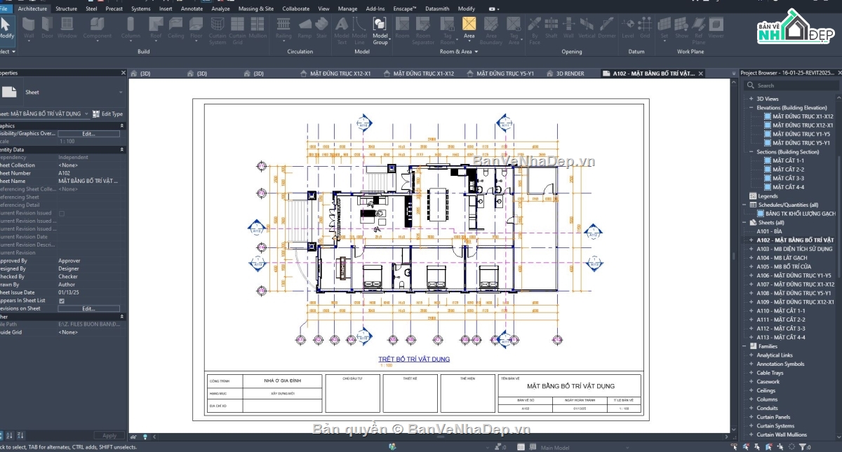 nhà cấp 4,bản vẽ revit,nhà vườn,nhà vườn mái thái