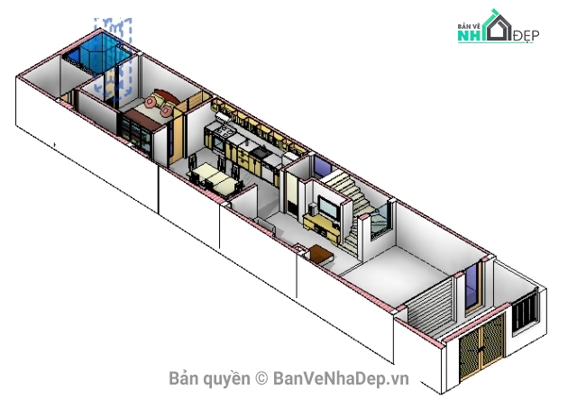 công trình nhà dân,nhà 3 tầng 4.3x22.85m,công trình revit,revit achitecture,bản vẽ revit,nhà phố 3 tầng 5.3x22.85m
