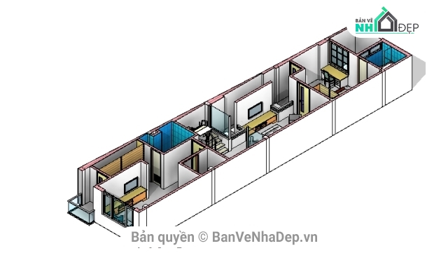 công trình nhà dân,nhà 3 tầng 4.3x22.85m,công trình revit,revit achitecture,bản vẽ revit,nhà phố 3 tầng 5.3x22.85m