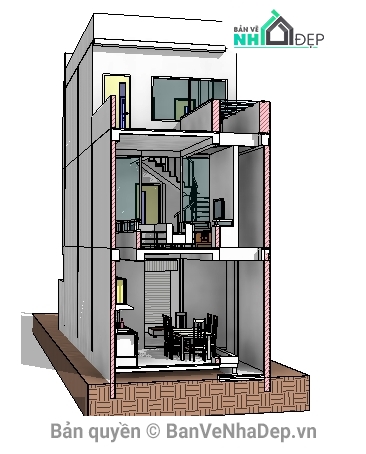 công trình nhà dân,nhà 3 tầng 4.3x22.85m,công trình revit,revit achitecture,bản vẽ revit,nhà phố 3 tầng 5.3x22.85m