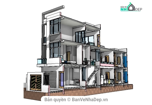 công trình nhà dân,nhà 3 tầng 4.3x22.85m,công trình revit,revit achitecture,bản vẽ revit,nhà phố 3 tầng 5.3x22.85m