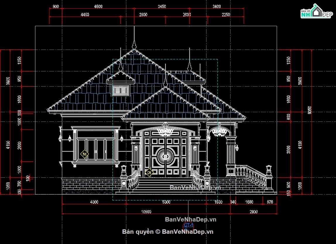 nhà vườn mái nhật,biệt thự 1 tầng mái nhật,file cad biệt thự 1 tầng
