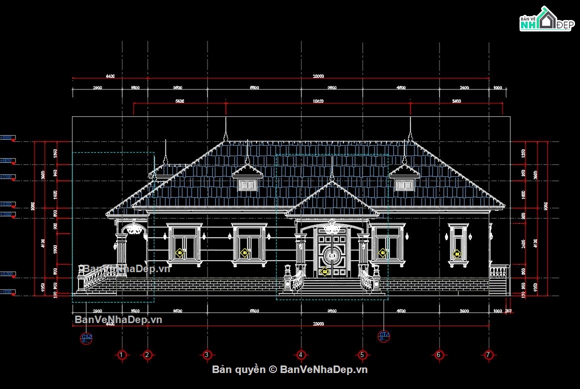 nhà vườn mái nhật,biệt thự 1 tầng mái nhật,file cad biệt thự 1 tầng