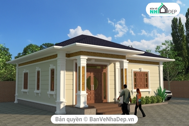 Biệt thự vườn 1 tầng,Biệt thự 10.5x10.8m,Biệt thự 1 tầng 2 phòng ngủ,bản vẽ biệt thự 1 tầng