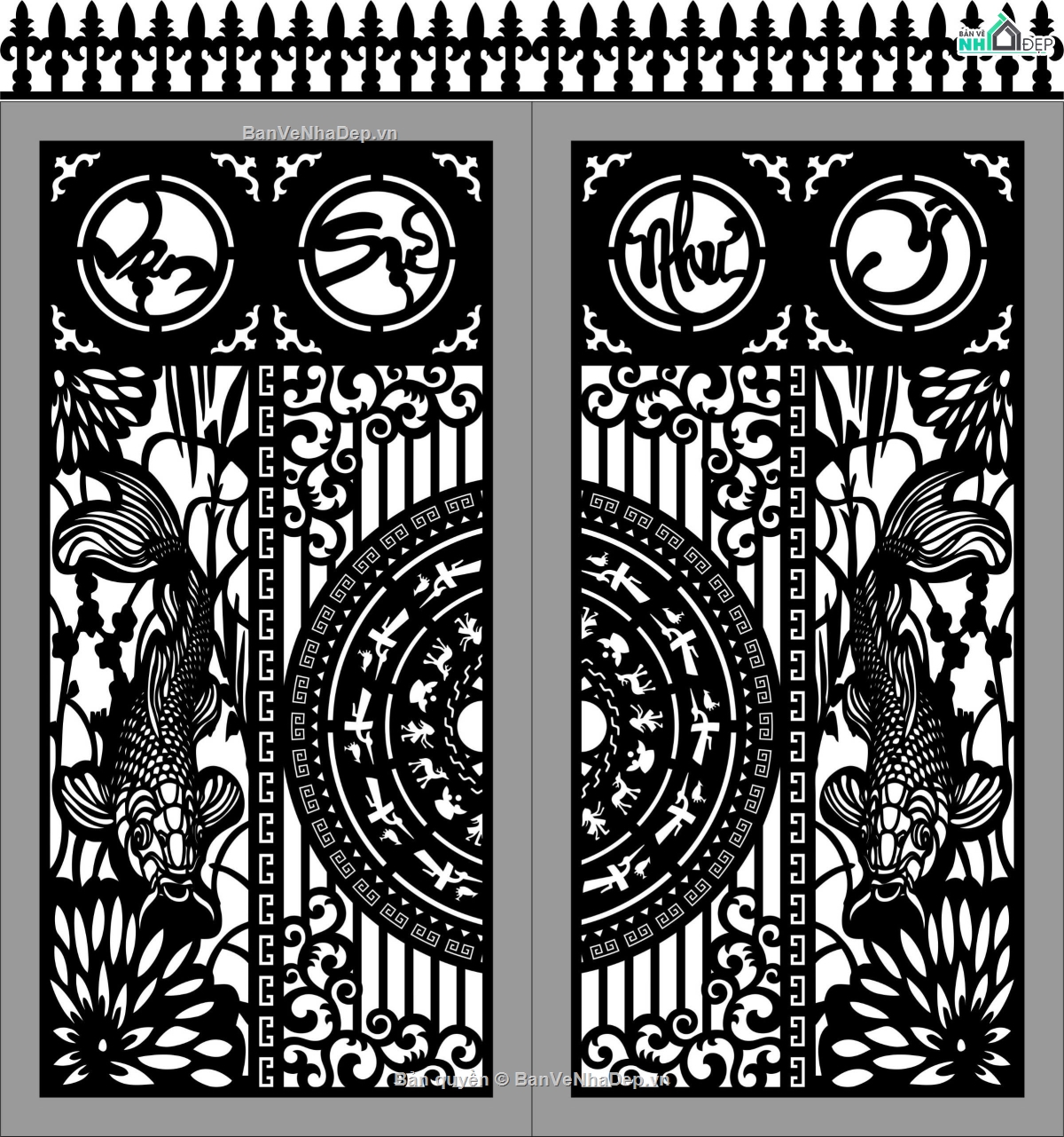 mẫu cổng 4 cánh,file cnc cổng 4 cánh cá chép,mẫu cnc cổng 4 cánh cá chép,cổng 4 cánh vạn sự như ý