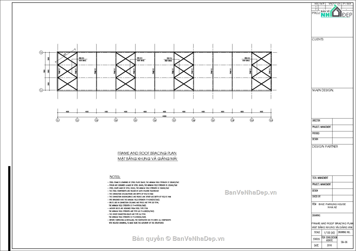 Kết cấu vì kèo 8m,Kết cáu bán kèo 8m,File Autocad kết cấu nhà để xe,Kết cấu nhà xe 8x44m,bản vẽ nhà để xe khung thép,Kết cấu nhà xe khung kèo mái tôn