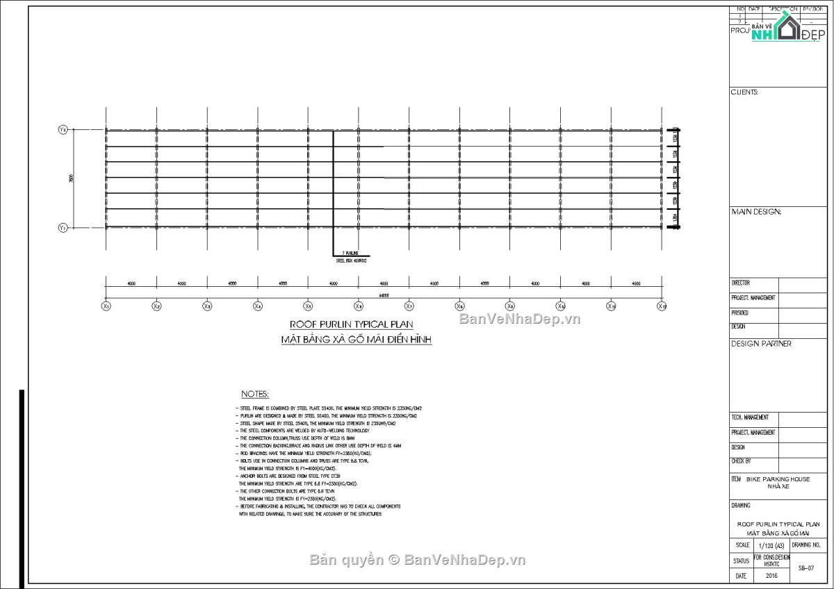 Kết cấu vì kèo 8m,Kết cáu bán kèo 8m,File Autocad kết cấu nhà để xe,Kết cấu nhà xe 8x44m,bản vẽ nhà để xe khung thép,Kết cấu nhà xe khung kèo mái tôn