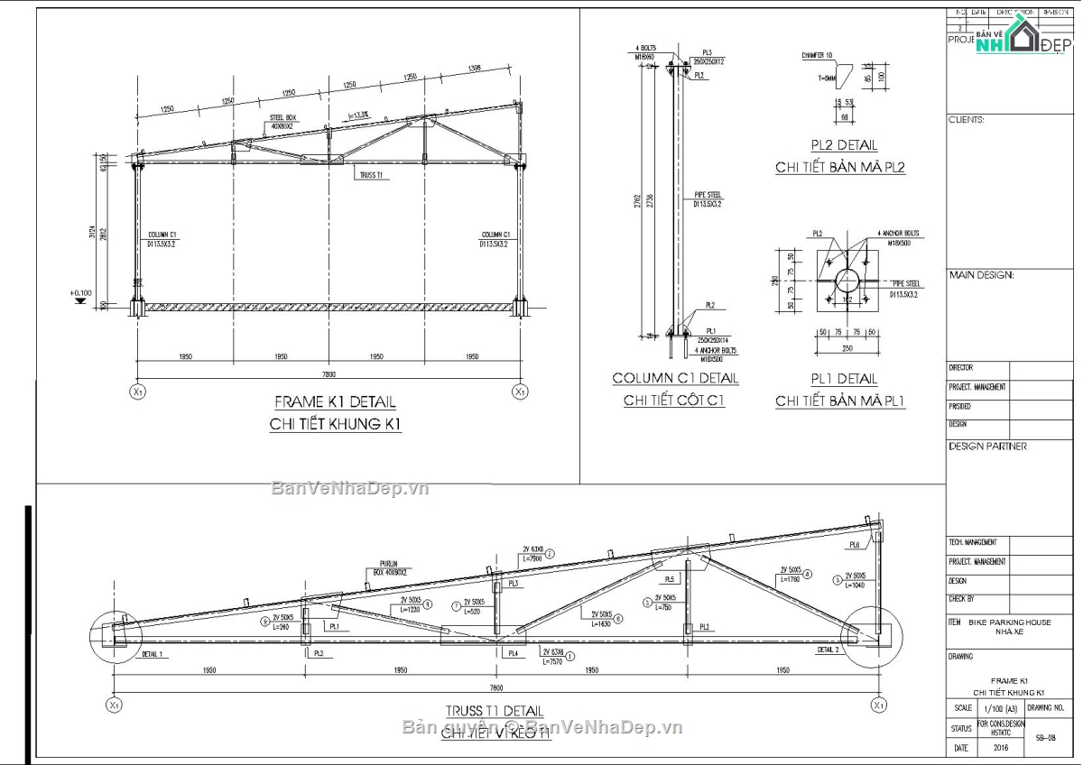 Kết cấu vì kèo 8m,Kết cáu bán kèo 8m,File Autocad kết cấu nhà để xe,Kết cấu nhà xe 8x44m,bản vẽ nhà để xe khung thép,Kết cấu nhà xe khung kèo mái tôn