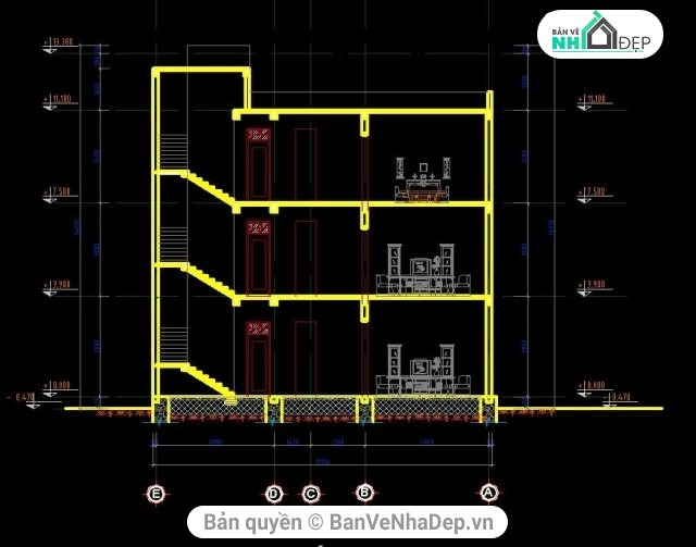 nhà 3 tầng 13.12x16.42m,file cad 3 tầng,bản vẽ nhà 3 tầng,thiết kế nhà phố 3 tầng