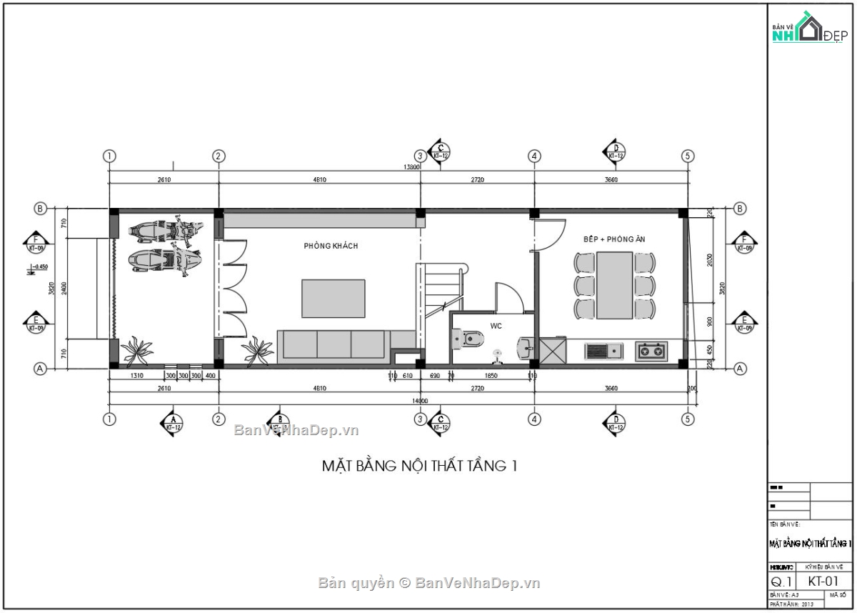 Bản vẽ thiết kế nhà ống 2.5 tầng 3.8x14m mặt tiền