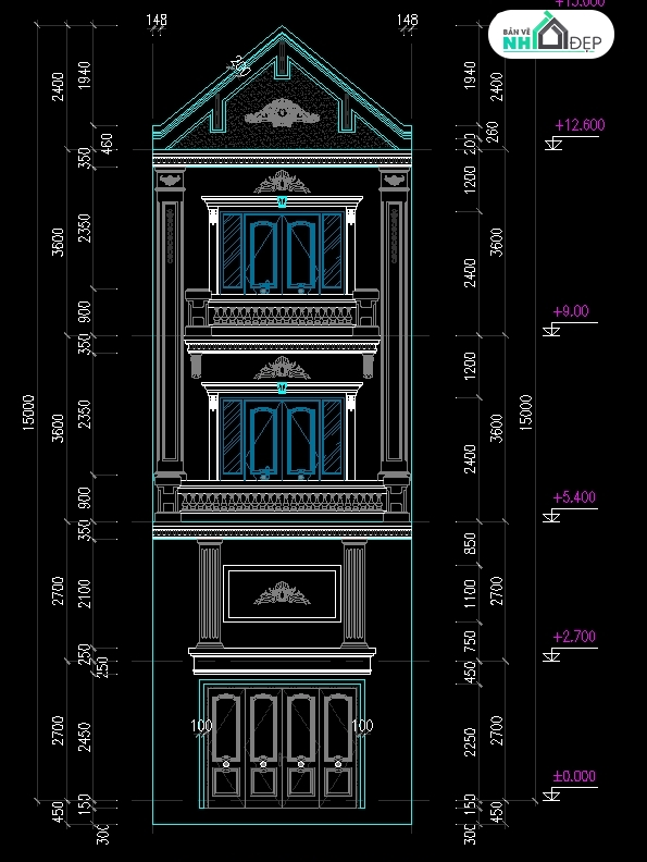 Bản vẽ thiết kế nhà phố 3 tầng 5x13m lệch tầng gồm hạng mục kiến ...