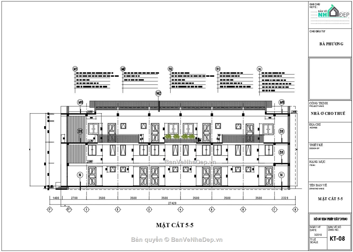 mẫu thiết kế nhà trọ,nhà trọ 3 tầng,bản vẽ kiến trúc nhà trọ,nhà trọ 3 tầng 8.4x27.5m