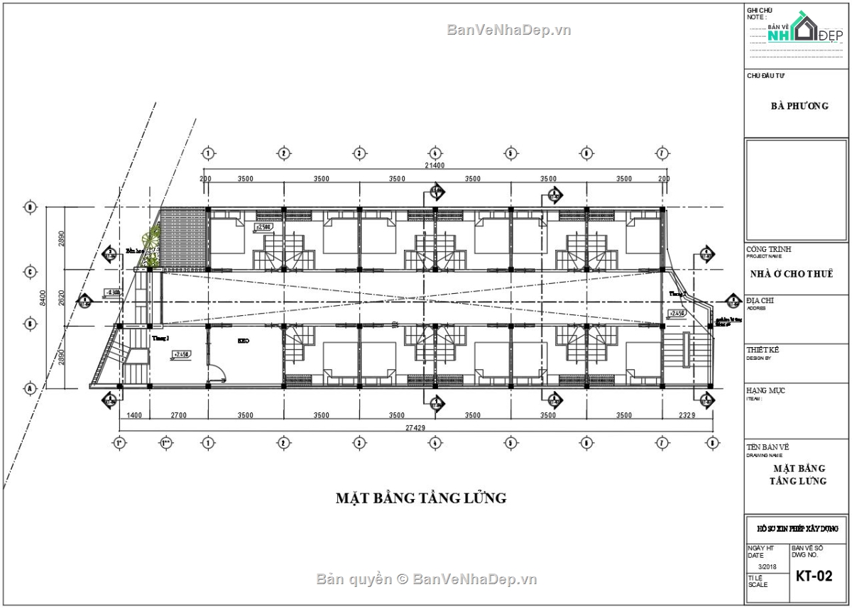 mẫu thiết kế nhà trọ,nhà trọ 3 tầng,bản vẽ kiến trúc nhà trọ,nhà trọ 3 tầng 8.4x27.5m