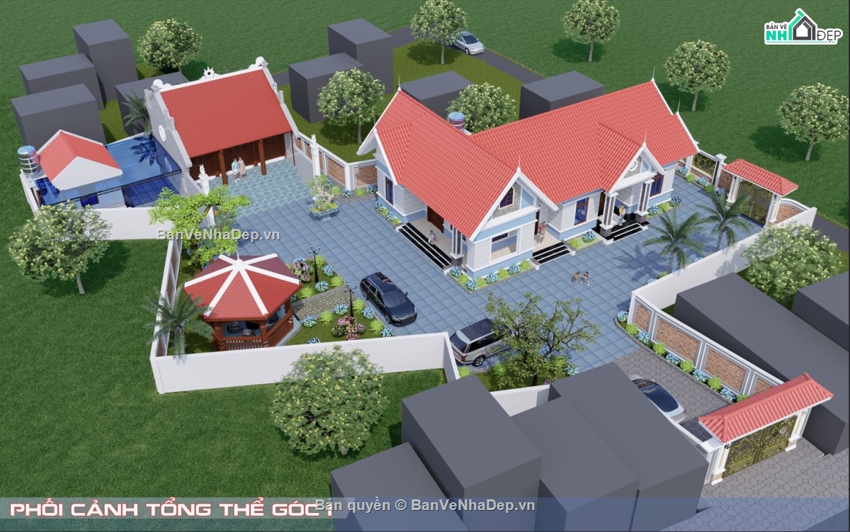 nhà vườn,nhà thờ 3 gian,thiết kế nhà vườn,Nhà vườn chữ L mái Thái,nhà 1 tầng