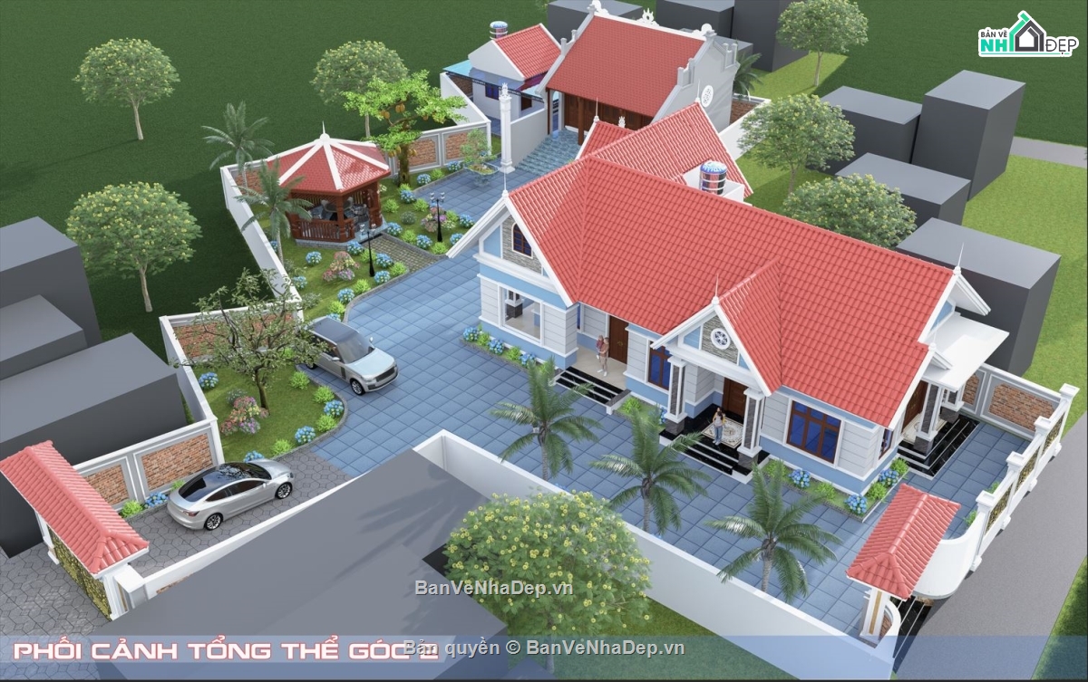 nhà vườn,nhà thờ 3 gian,thiết kế nhà vườn,Nhà vườn chữ L mái Thái,nhà 1 tầng