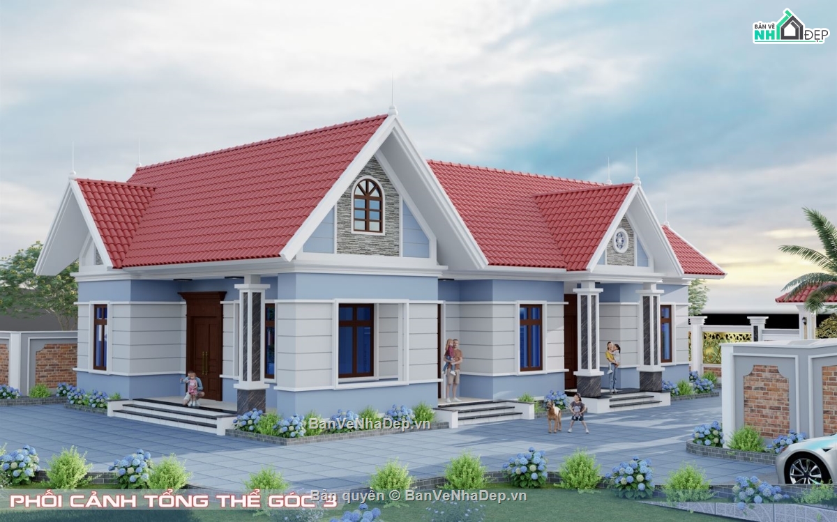 nhà vườn,nhà thờ 3 gian,thiết kế nhà vườn,Nhà vườn chữ L mái Thái,nhà 1 tầng