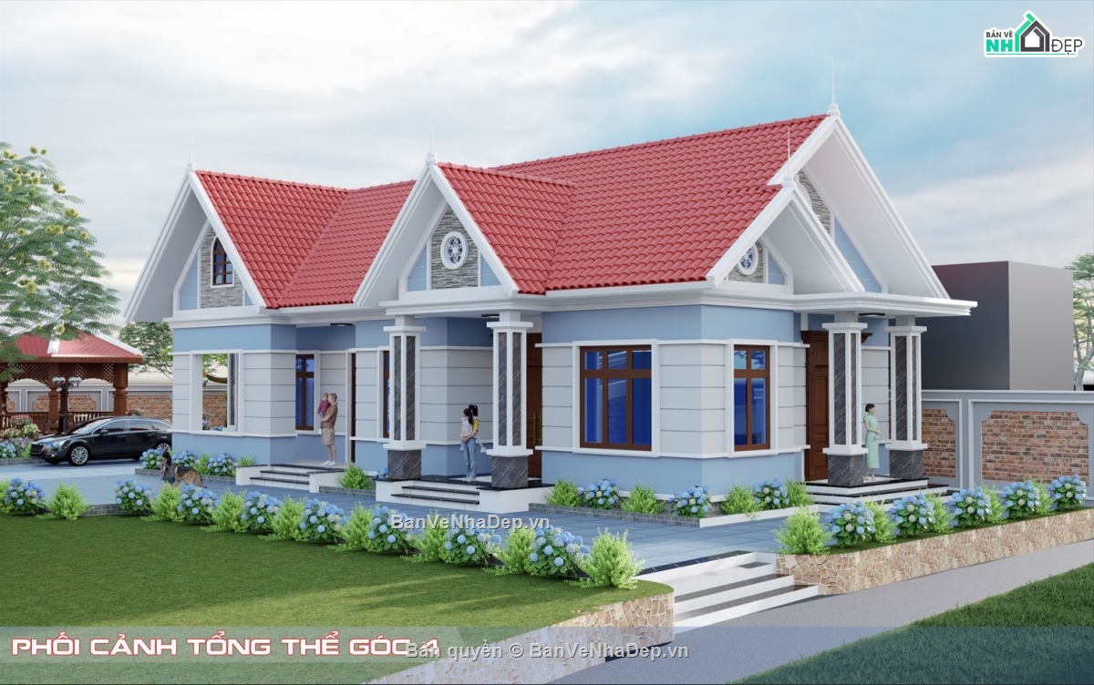 nhà vườn,nhà thờ 3 gian,thiết kế nhà vườn,Nhà vườn chữ L mái Thái,nhà 1 tầng