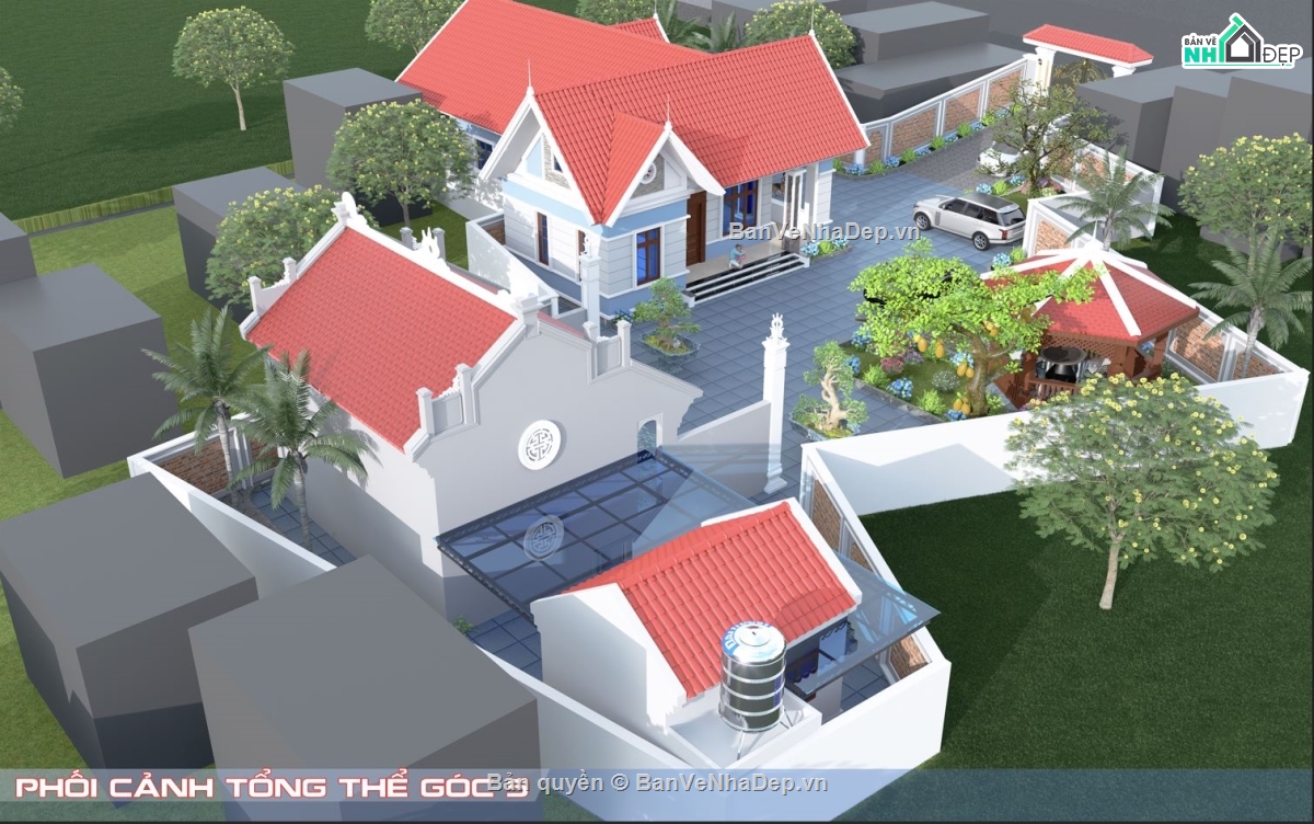 nhà vườn,nhà thờ 3 gian,thiết kế nhà vườn,Nhà vườn chữ L mái Thái,nhà 1 tầng