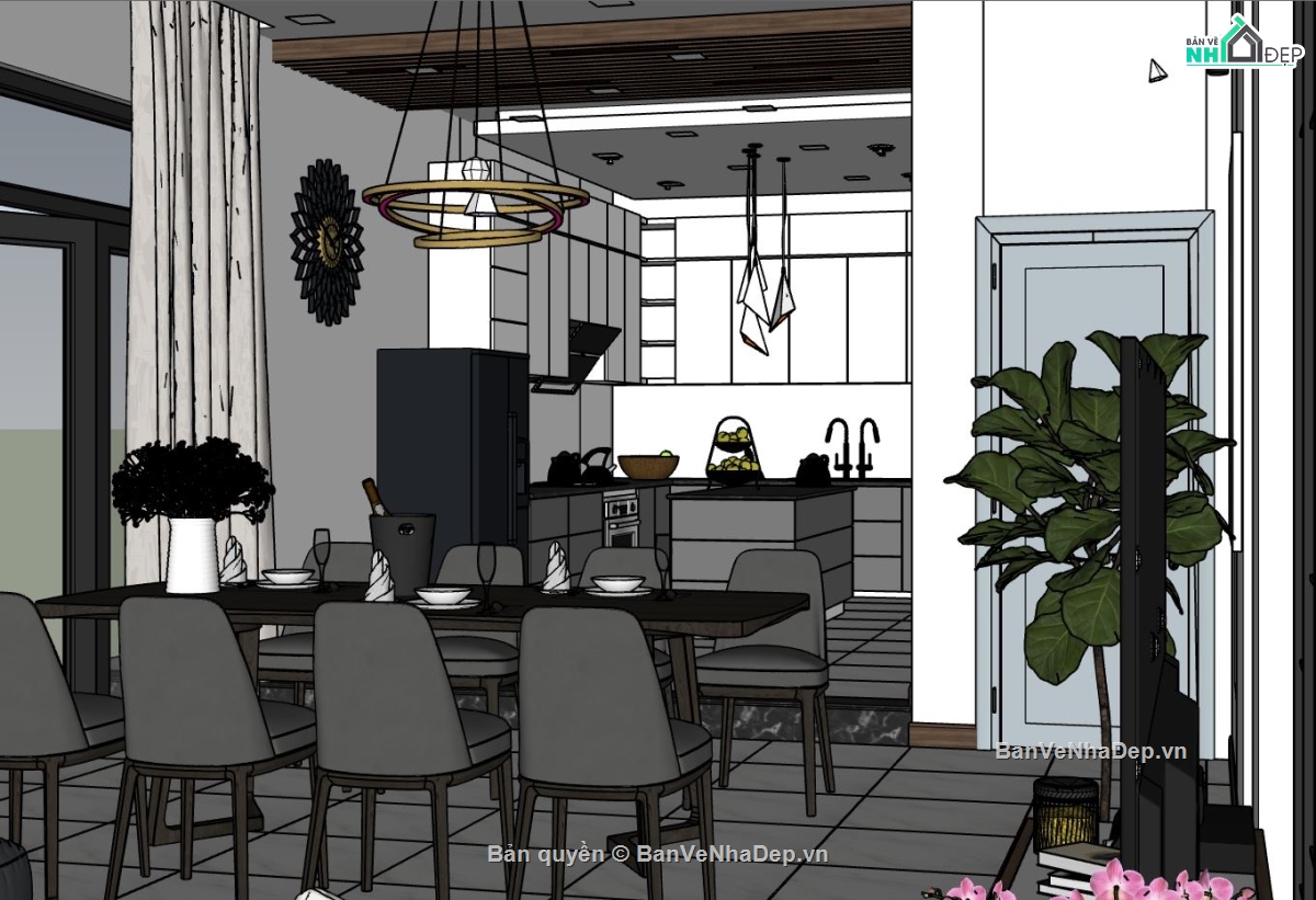 nội thất khách bếp sketchup,nội thất phòng khách,phòng bếp hiện đại,model sketchup khách bếp