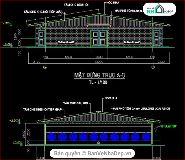 bản vẽ nhà văn phòng,trại gà xuân quế,kiến trúc và kết cấu trại gà,bản vẽ trại gà