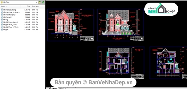 Chia sẻ 5 file AutoCAD nhà biệt thự 2 tầng với kiểu kiến trúc cổ điển, full bản vẽ các hạng mục kiến trúc, kết cấu, MEP