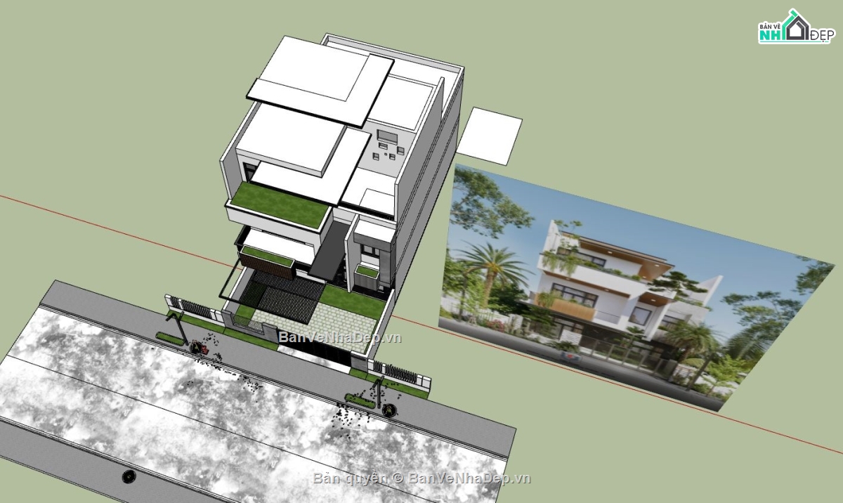 sketchup biệt thự,biệt thự 2 tầng,phối cảnh biệt thự