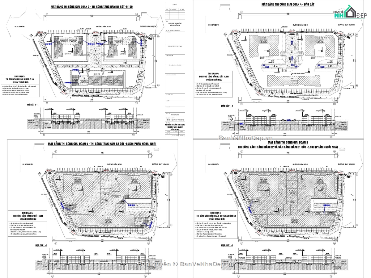 BPTC 2 hầm ép cừ khoan neo,Biện pháp thi công Topdown,BPTC ép cừ kết hợp neo trong đất,Bản vẽ biện pháp thi công hầm ép cừ,Bản vẽ BPTC hầm khoan neo trong đất,BPTC hầm bằng phương án Topdown