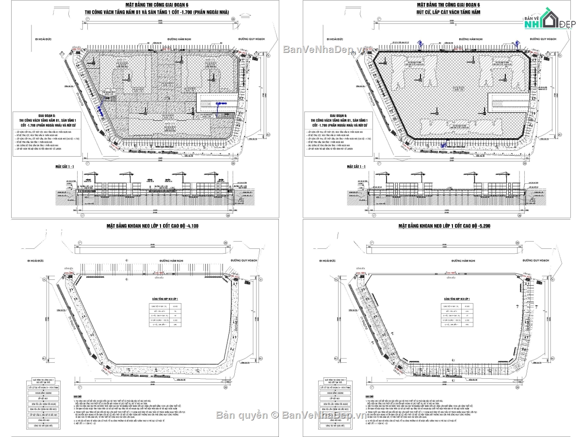 BPTC 2 hầm ép cừ khoan neo,Biện pháp thi công Topdown,BPTC ép cừ kết hợp neo trong đất,Bản vẽ biện pháp thi công hầm ép cừ,Bản vẽ BPTC hầm khoan neo trong đất,BPTC hầm bằng phương án Topdown