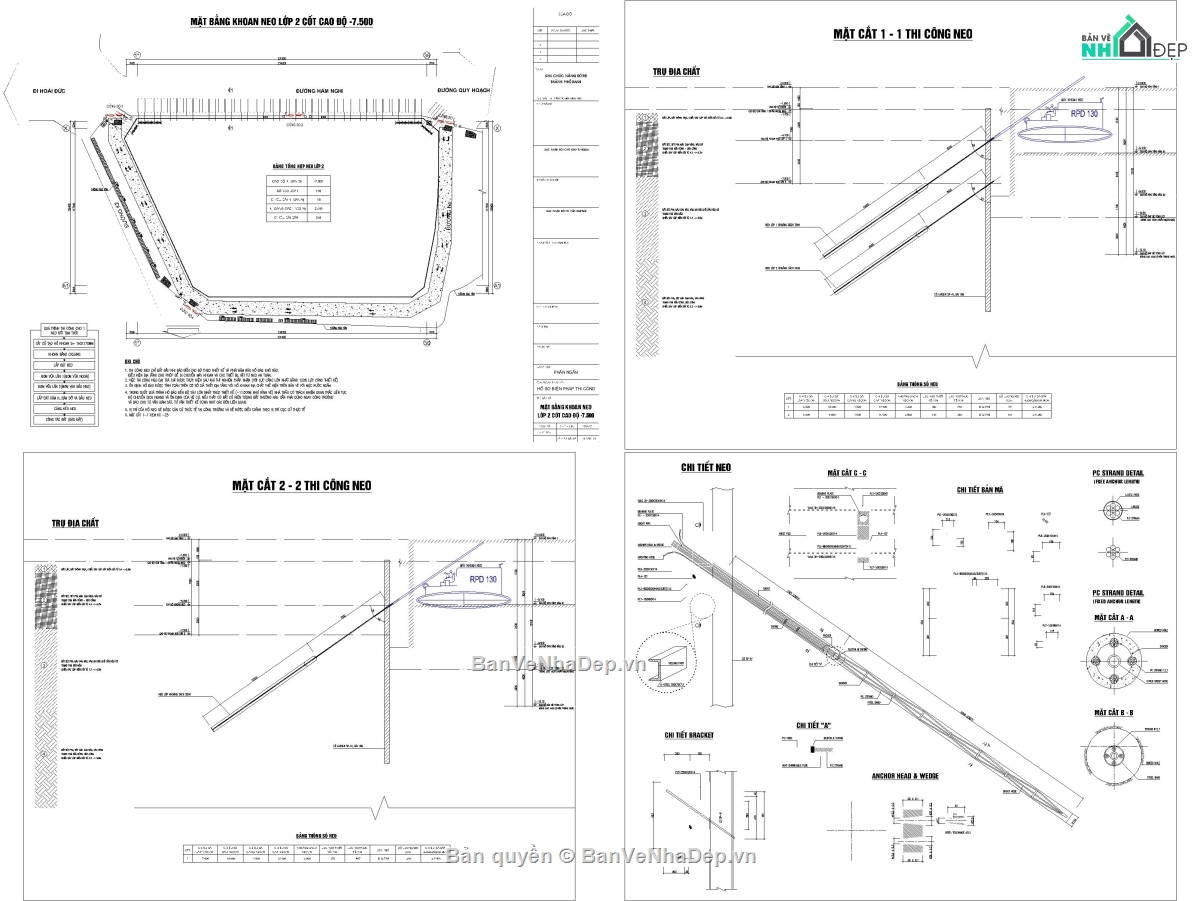 BPTC 2 hầm ép cừ khoan neo,Biện pháp thi công Topdown,BPTC ép cừ kết hợp neo trong đất,Bản vẽ biện pháp thi công hầm ép cừ,Bản vẽ BPTC hầm khoan neo trong đất,BPTC hầm bằng phương án Topdown