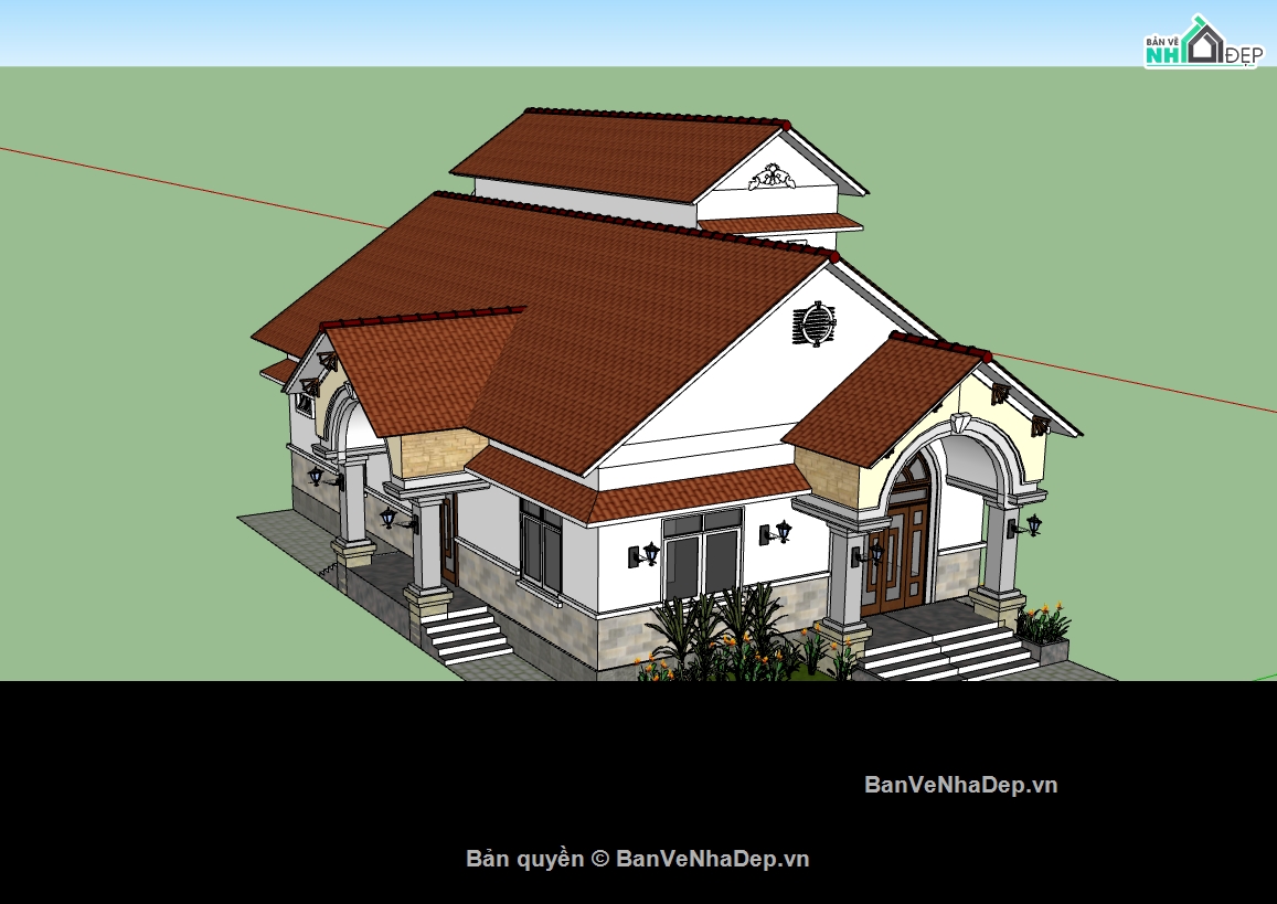 su biệt thự,biệt thự 1 tầng,sketchup biệt thự