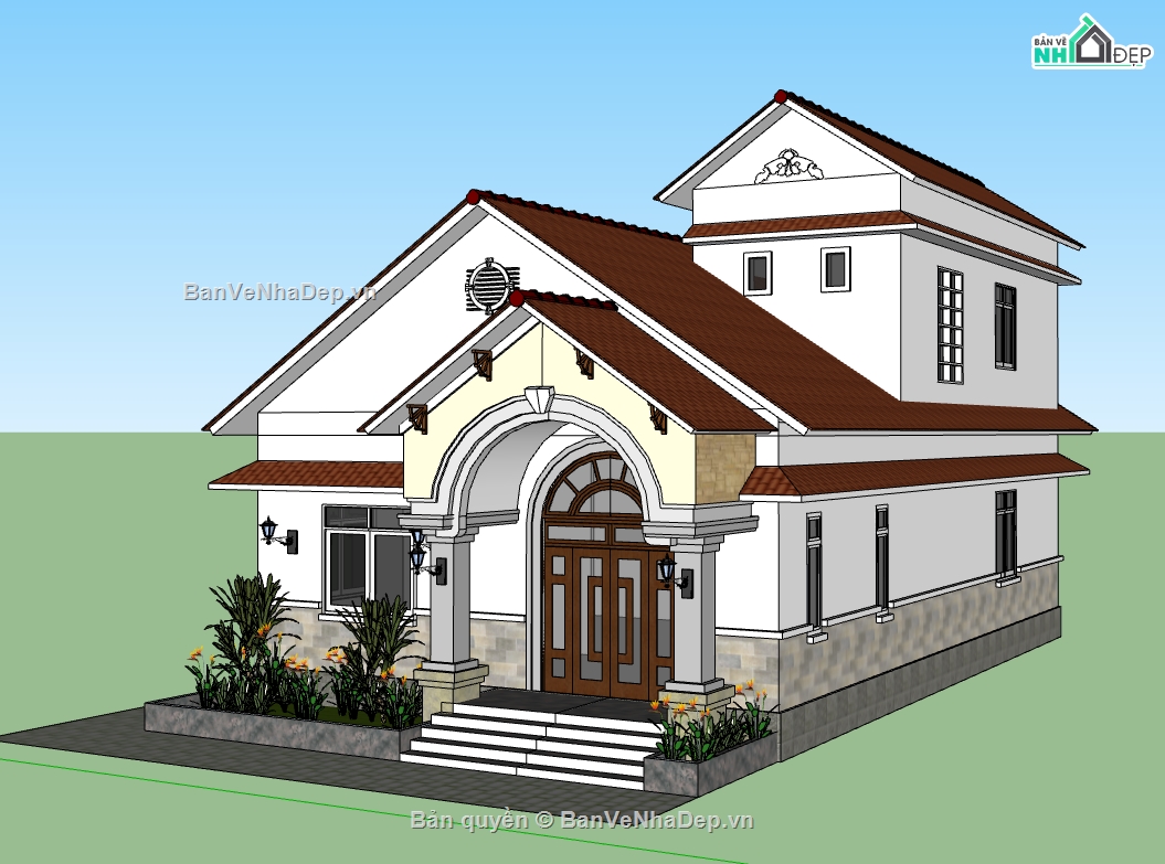 su biệt thự,biệt thự 1 tầng,sketchup biệt thự