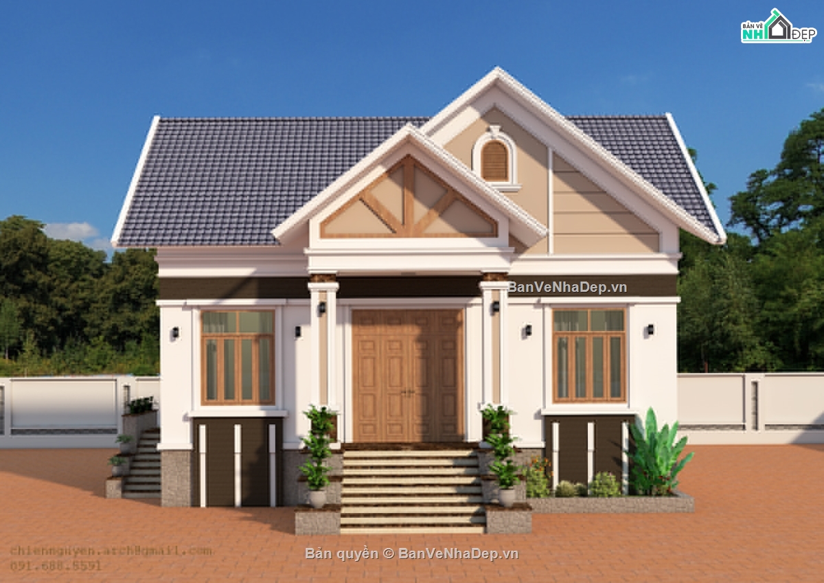 biệt thự 1 tầng,sketchup biệt thự 1 tầng,bản vẽ biệt thự 1 tầng 9x11m