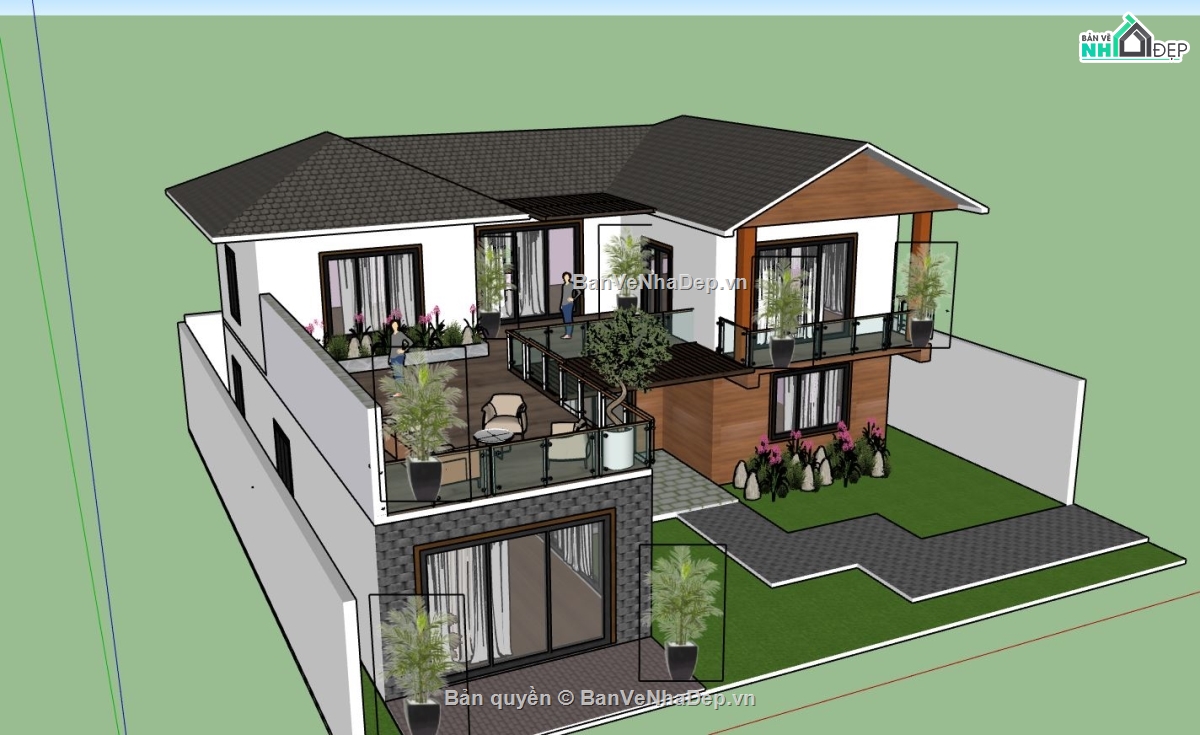 biệt thự 2 tầng,biệt thự sketchup,biệt thự mái nhật,phối cảnh biệt thự