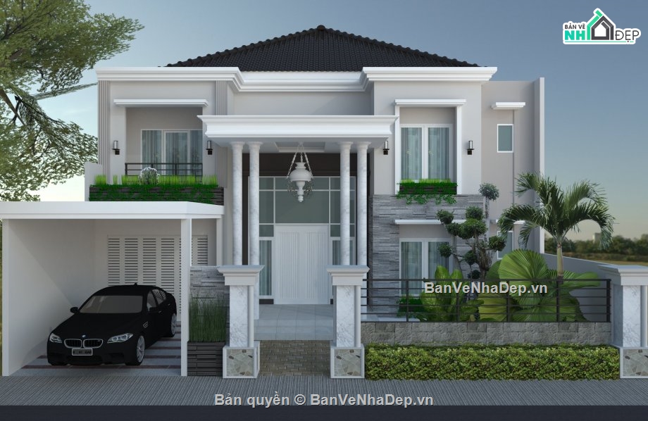dựng model biệt thự 2 tầng,file sketchup biệt thự 2 tầng,nhà biệt thự dựng 3d su