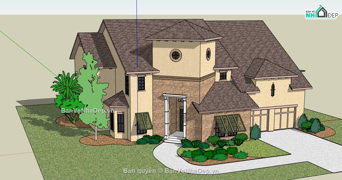 biệt thự dựng trên file sketchup,file su mẫu biệt thự châu âu,thiết kế nhà biệt thự file su