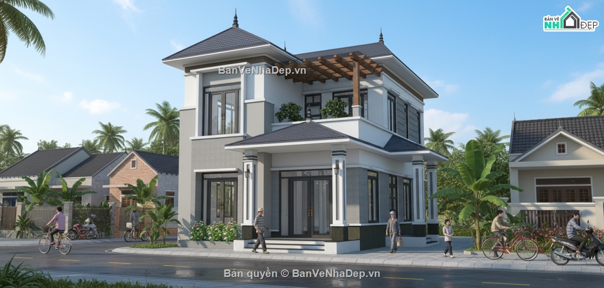 sketchup biệt thự 2 tầng,Biệt thự mái nhật 2 tầng 8.5x12m,file sketchup biệt thự,File sketchup biệt thự mái nhật,biệt thự 2 tầng file cad