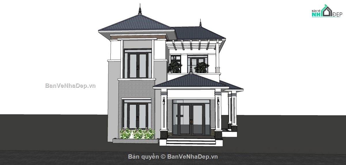 sketchup biệt thự 2 tầng,Biệt thự mái nhật 2 tầng 8.5x12m,file sketchup biệt thự,File sketchup biệt thự mái nhật,biệt thự 2 tầng file cad