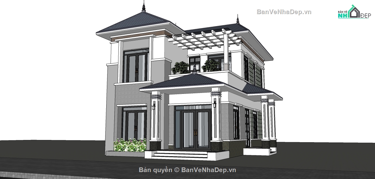 sketchup biệt thự 2 tầng,Biệt thự mái nhật 2 tầng 8.5x12m,file sketchup biệt thự,File sketchup biệt thự mái nhật,biệt thự 2 tầng file cad