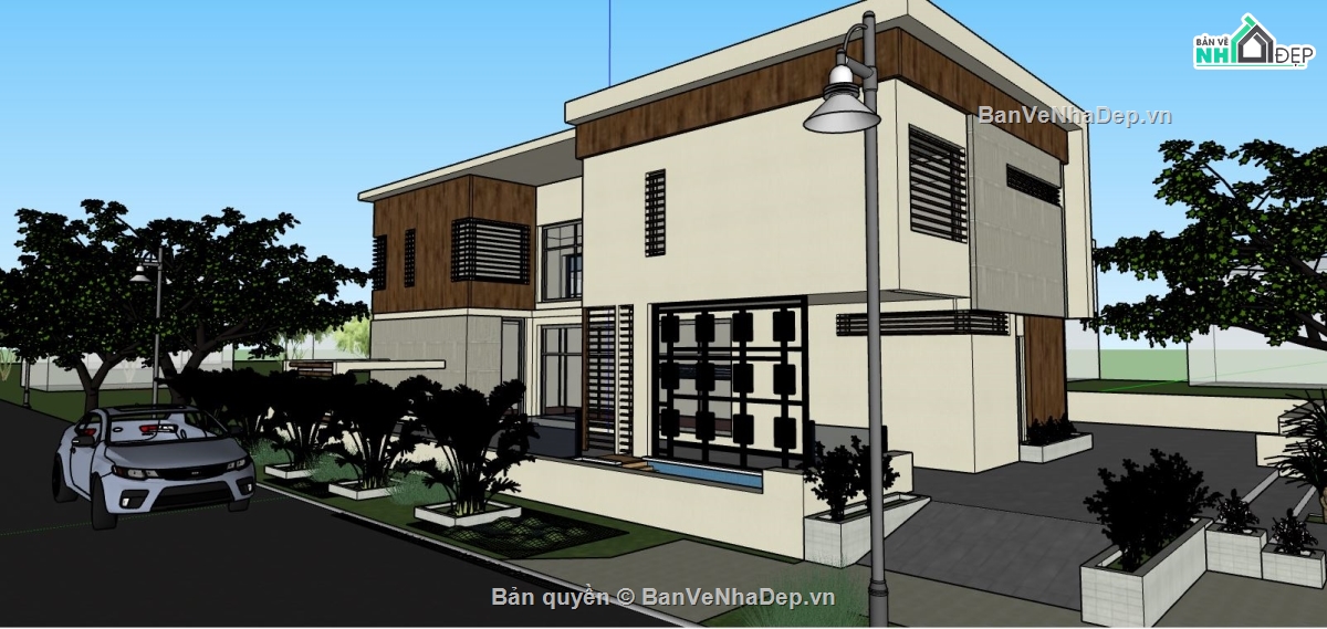 sketchup biệt thự 2 tầng,sketchup biệt thự,sketchup biệt thự 2 tầng hiện đại