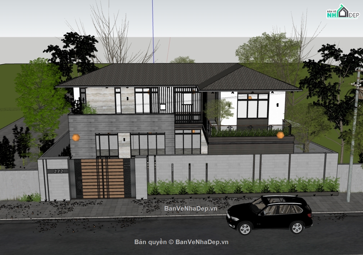 biệt thự 2 tầng,su biệt thự,sketchup biệt thự