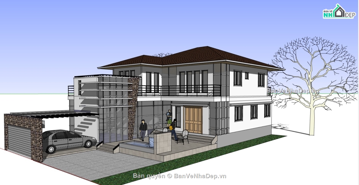 biệt thự 2 tầng,mẫu biệt thự sketchup,mẫu biệt thự 2 tầng