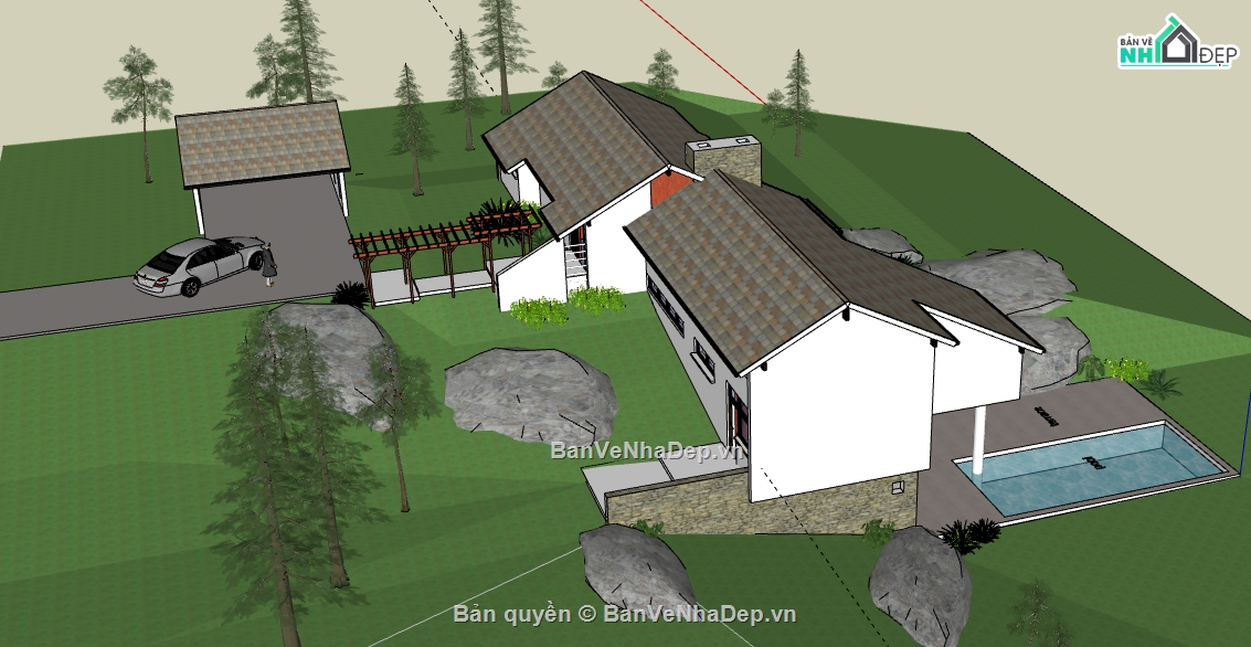 biệt thự 2 tầng file sketchup,dựng 3d su biệt thự 2 tầng,nhà biệt thự dựng model su